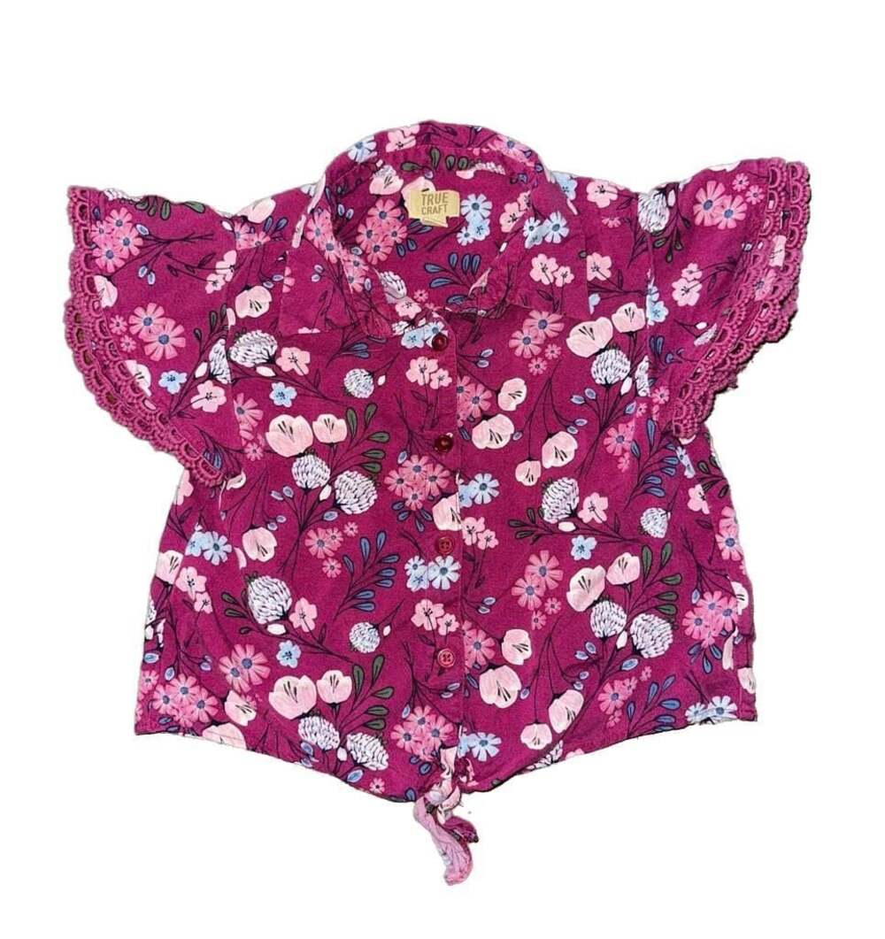 True Craft Girls' Pink Floral Button-Up Blouse with Flutter Sleeves